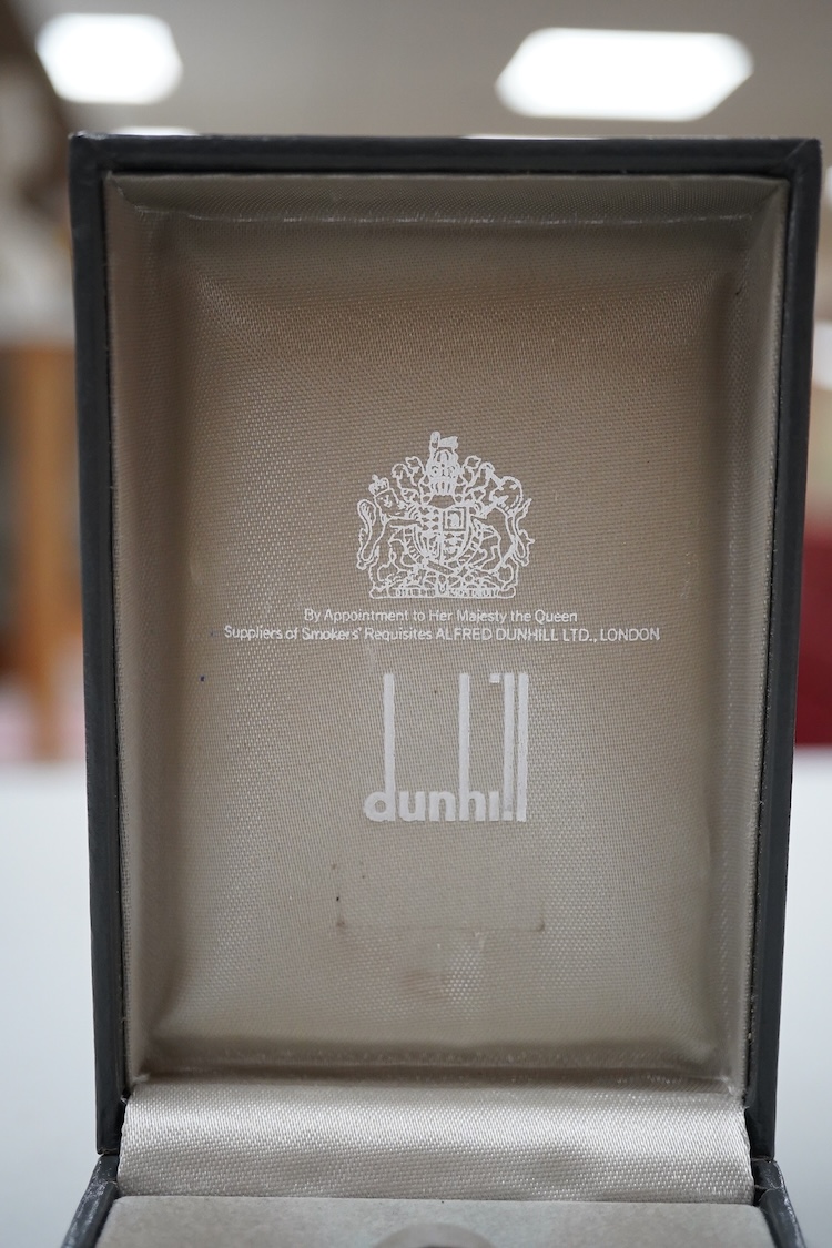 A boxed Dunhill Rollagas with brushed palladium finish and contrasting metal ignition roller-6cm high